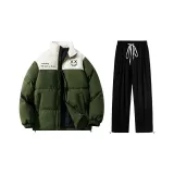 Комплект (Армейский зеленый хлопковый пуховик + черные штаны)
