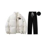 Утолщенный и с флисовой подкладкой комплект одежды (топ экрю + черные штаны), улучшенный, ветрозащитный, с планкой