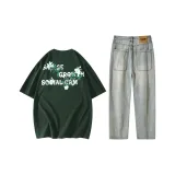 Комплект одежды (Темно-зеленая рубашка с коротким рукавом + джинсы)