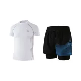 Белый купальник + черно-синие плавательные шорты