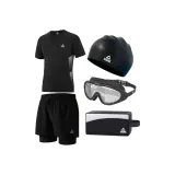 Черный купальник + черные плавательные шорты + большие очки для плавания + шапочка для плавания + сумка для плавания