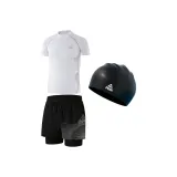 Белый купальник + черный, серебристый плавательный шорты + плавательная кепка