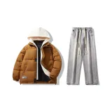 Set (Кофейный пуховик + Светло-синие джинсовые штаны)