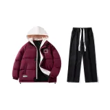 Комплект (Бордовый пуховик + Черные джинсы)