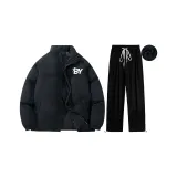 Утолщенный и с флисовой подкладкой комплект (черный топ + черные штаны) улучшенный, ветрозащитный, с откладным воротником