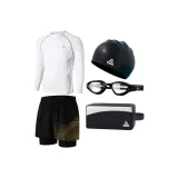 Белый купальник + Черный золотой плавательные шорты + Очки для плавания + Шапочка для плавания + Сумка для плавания