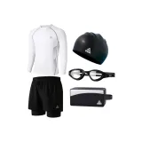 Белый купальник с длинными рукавами + черные плавательные шорты + очки для плавания + шапочка для плавания + сумка для плавания