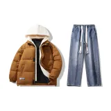 Set (Кофейный пуховик + винтажные синие джинсы)