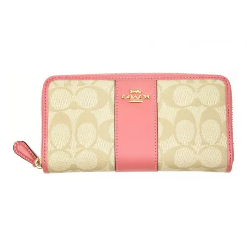 COACH Accordion Zip Canvas Leather Wallet Medium Women's Khaki Light Pink