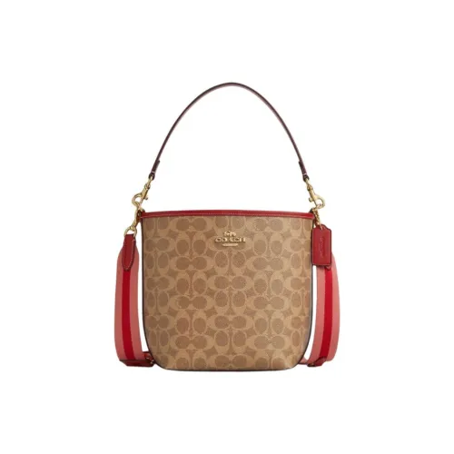 COACH City Bucket Кожа Ведро Сумка Сумка через плечо Сумка среднего размера Женская Коричнево-желтая и Смешанная цветовая