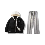 Комплект (Черный пуховик + Светло-синие джинсовые штаны)