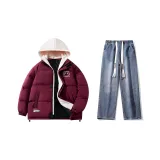 Set (Бургунди Down Jacket + Винтажные Синие Джинсы)