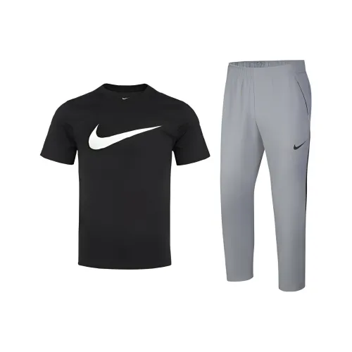 Nike Комплект Черная Короткая Рубашка с Короткими Рукавами + Светло-Серые Штаны Мужские Повседневные Спортивные Одежды