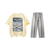 Комплект одежды (Абрикосовая короткая футболка с коротким рукавом + светло-синие джинсы)