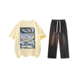 Комплект одежды (Абрикосовая короткая футболка с коротким рукавом + черные джинсы)