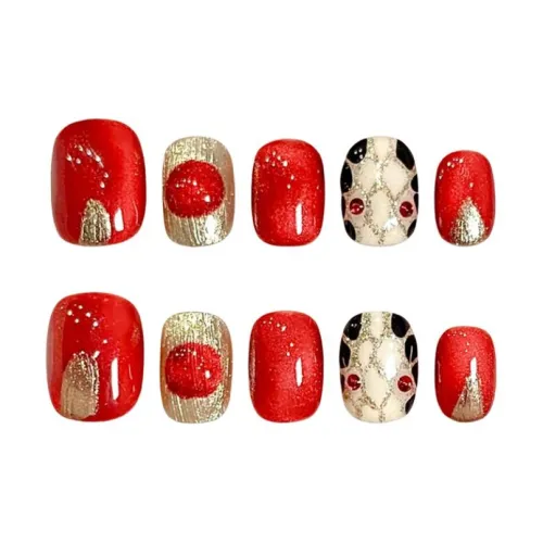 YUNYUEQIAO Медуза Рубин Змеиный принт Ambiance Cropped Brightening Detachable False Nail Короткий Круглый Красный