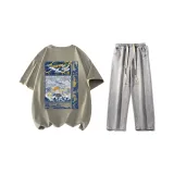 Комплект (Зеленая рубашка с коротким рукавом + Светло-синие джинсы)