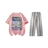 Комплект (Розовая короткая рубашка с короткими рукавами + светло-синие джинсы)