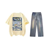 Комплект (Абрикосовая короткая футболка с коротким рукавом + ностальгические синие джинсы)