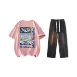 Комплект (Розовая короткая рубашка с короткими рукавами + черные джинсы)