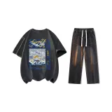 Комплект (Темно-серая рубашка с коротким рукавом + черные джинсы)