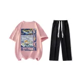 Комплект (Розовая короткая рубашка с короткими рукавами + черные джинсы)