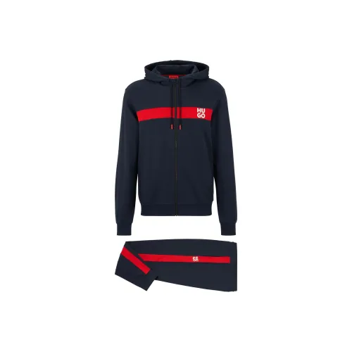 Hugo Boss Cotton Terry Tracksuit с Полосы And Stacked LOGOS Повседневная спортивная одежда Мужской Темно-синий