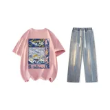 Set (Pink Short-Sleeved + Vintage Blue Jeans)  
Комплект (Розовый с коротким рукавом + Винтажные синие джинсы)