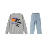 Комплект (Серый топ + Светло-синие штаны)