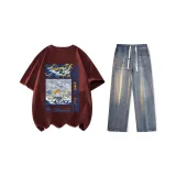 Комплект (Бордовая рубашка с коротким рукавом + Ностальгические синие джинсы)