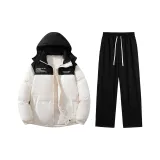 Thickened и Fleece-Lined Set (Черный/Экрю Топ + Черные Флисовые Штаны)