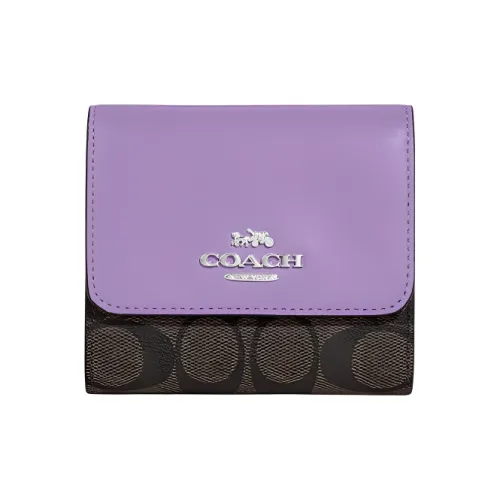 COACH Trifold Wallet Холст и Кожа Держатель для Карт Кошелек Женский Фиолетовый и Коричневый с Монограммой