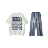 Комплект (Белая короткая рубашка с короткими рукавами + Темно-синие джинсы)