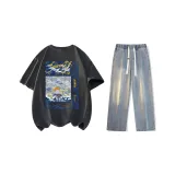 Комплект (Темно-серый с коротким рукавом + винтажные синие джинсы)