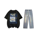 Комплект (Черная рубашка с коротким рукавом + винтажные синие джинсы)