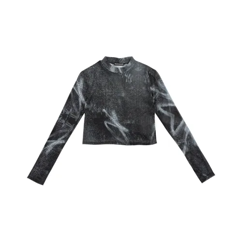 RANDOMEVENT Прямой крой Длинный рукав Т-рубашка Женская Черная