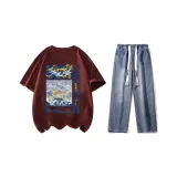 Комплект (Бордовая рубашка с коротким рукавом + Темно-синие джинсы)