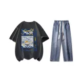 Комплект (Темно-серый с коротким рукавом + темно-синие джинсы)