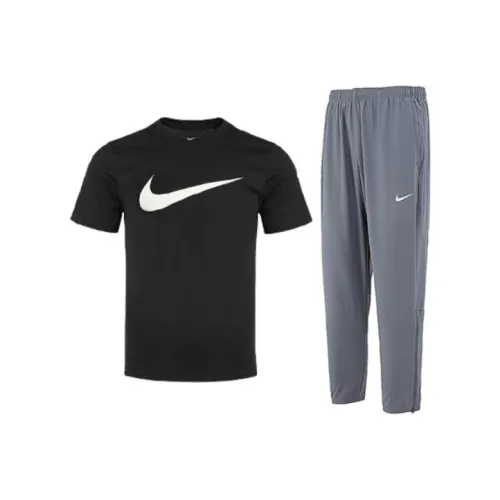 Nike Clothing Комплект Черная Короткая Рубашка с Короткими Рукавами + Серые Штаны Мужские Повседневные Спортивные