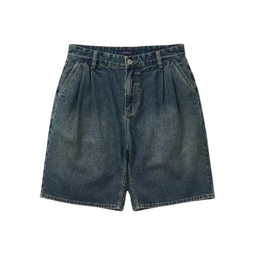 714STREET Текстурированный Бамбук Деним Плиссированные Шорты Мужские Джинсовый Синий