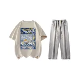 Комплект (Хаки Короткий рукав Рубашка + Светло-Синие Джинсы)