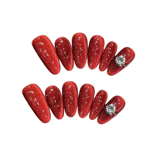 Yun Yue Joe Кошачий глаз False Nail Средняя крутизна Овал Красный Однотонный Flashing