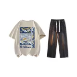 Комплект (Хаки Короткий рукав рубашка + Черные джинсы)