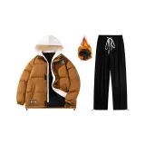 Set (Кофейный пуховик + Черные повседневные штаны)