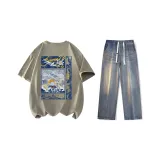 Комплект (Мох Зеленый Короткий Рукав + Ностальгический Синий Джинсы)