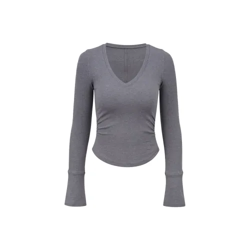 Ariseism Стандартный Универсальный Однотонный V-образный вырез Длинный рукав Т-рубашка Осенняя Новая Линия Утягивающий Топ Женский