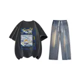 Комплект (Темно-серый с коротким рукавом + Ностальгические синие джинсы)