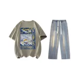 Комплект (Мох Зеленый Короткий Рукав + Винтаж Синий Джинсы)