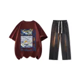 Комплект (Бордовая рубашка с коротким рукавом + черные джинсы)