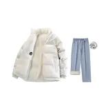 Светлый хаки хлопковый пуховик + светло-синий бархатный деним